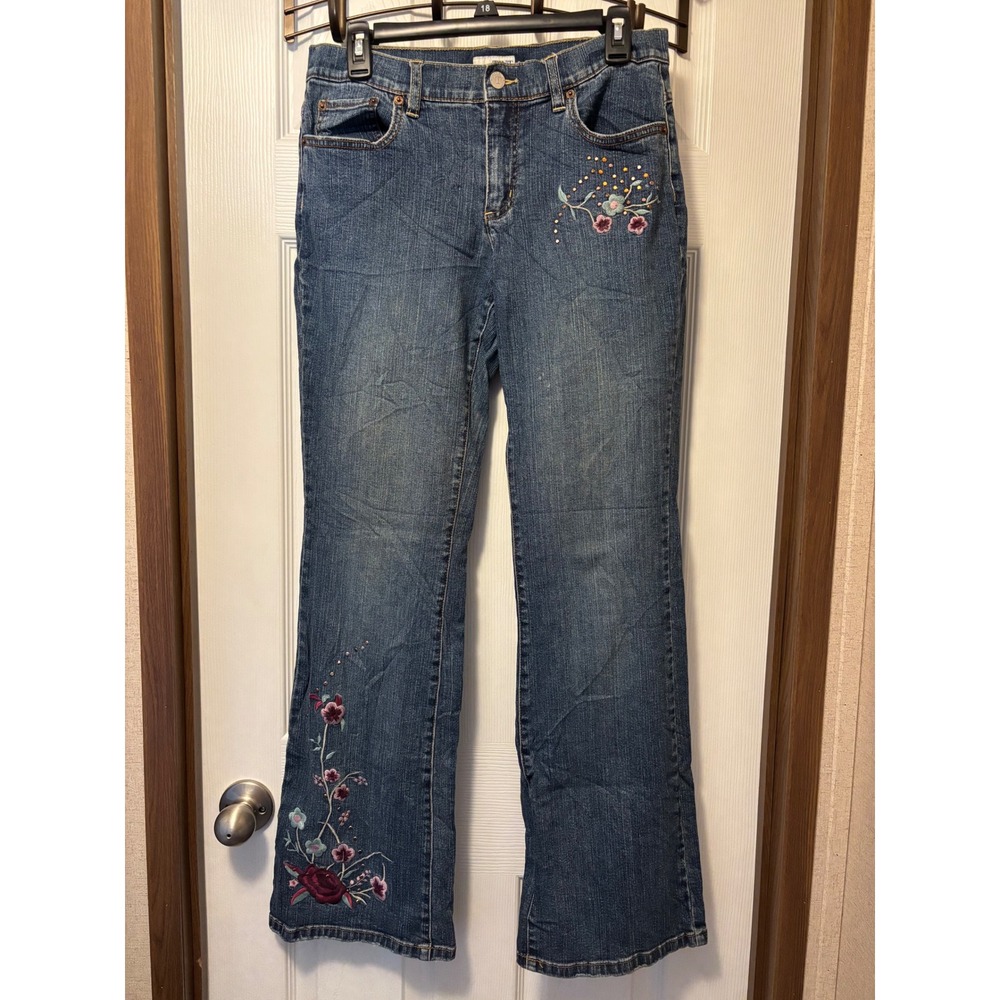 Tint Jeans Womens 8 Blue Denim Embroidered Floral Studded Bootcut Jeans Stretch
